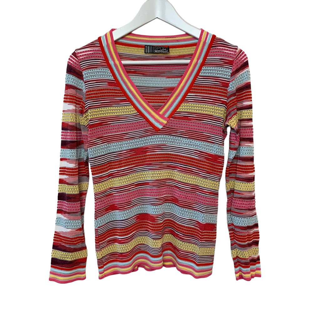 Vintage Missoni Sport Knit Long Sleeve Top Striped Colorful V Neck Sweater